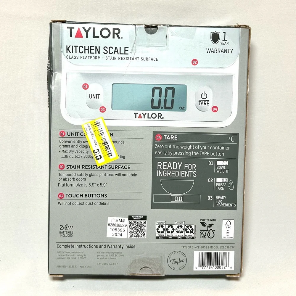 Taylor Kitchen Scale: up to 11 lbs, Glass Platform, Stain Resistant Surface NIB